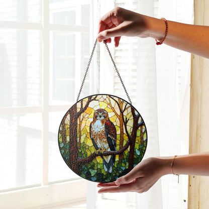 Majestic hawk in forest stained glass suncatcher bird window decor gift for dad or nature lover