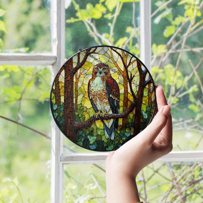 Majestic hawk in forest stained glass suncatcher bird window decor gift for dad or nature lover