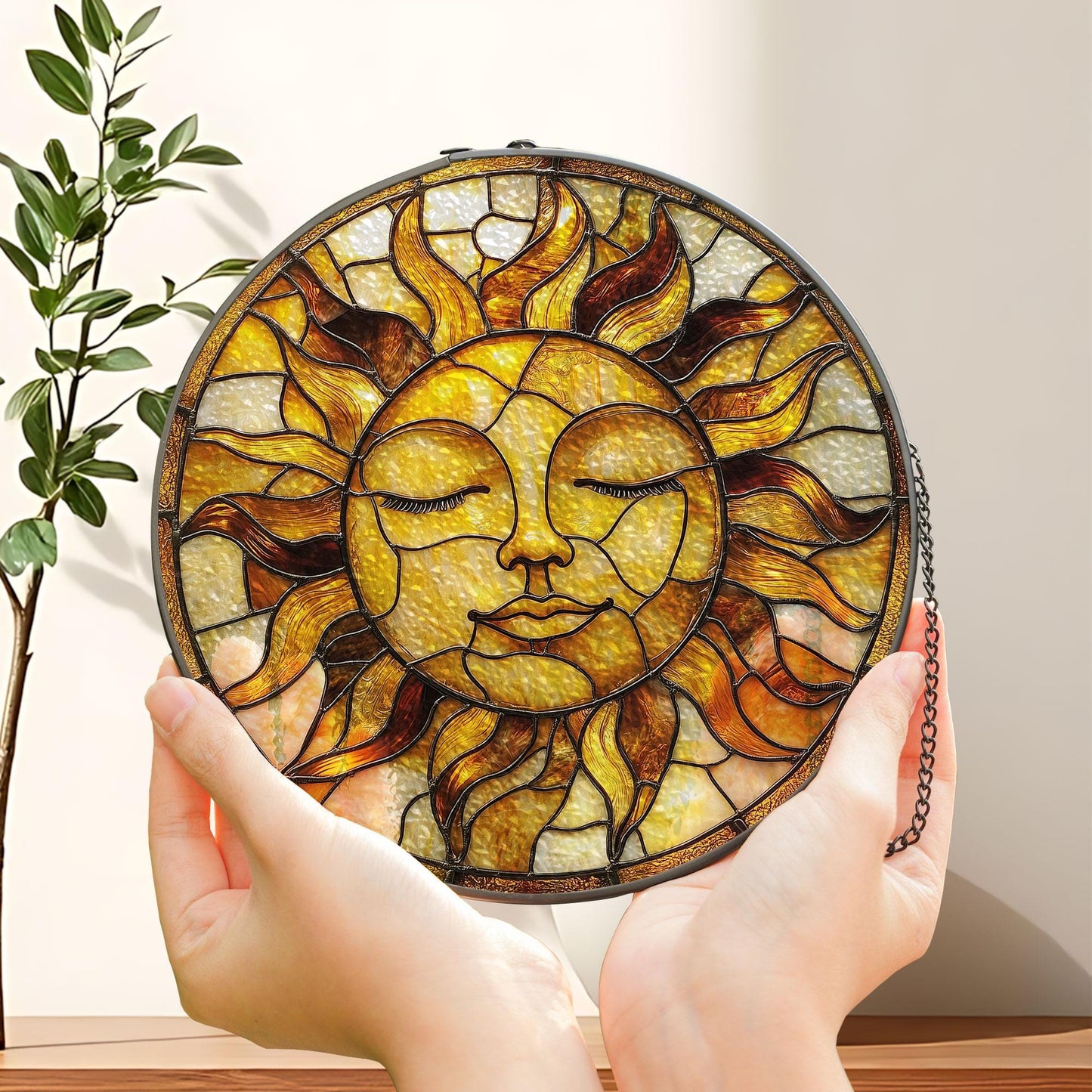 Golden Sun Face Stained Glass Suncatcher,  Boho Window Hanging for Spiritual Home, Sun Decor, Gift for Nature Lovers, Astrology Lovers Gift