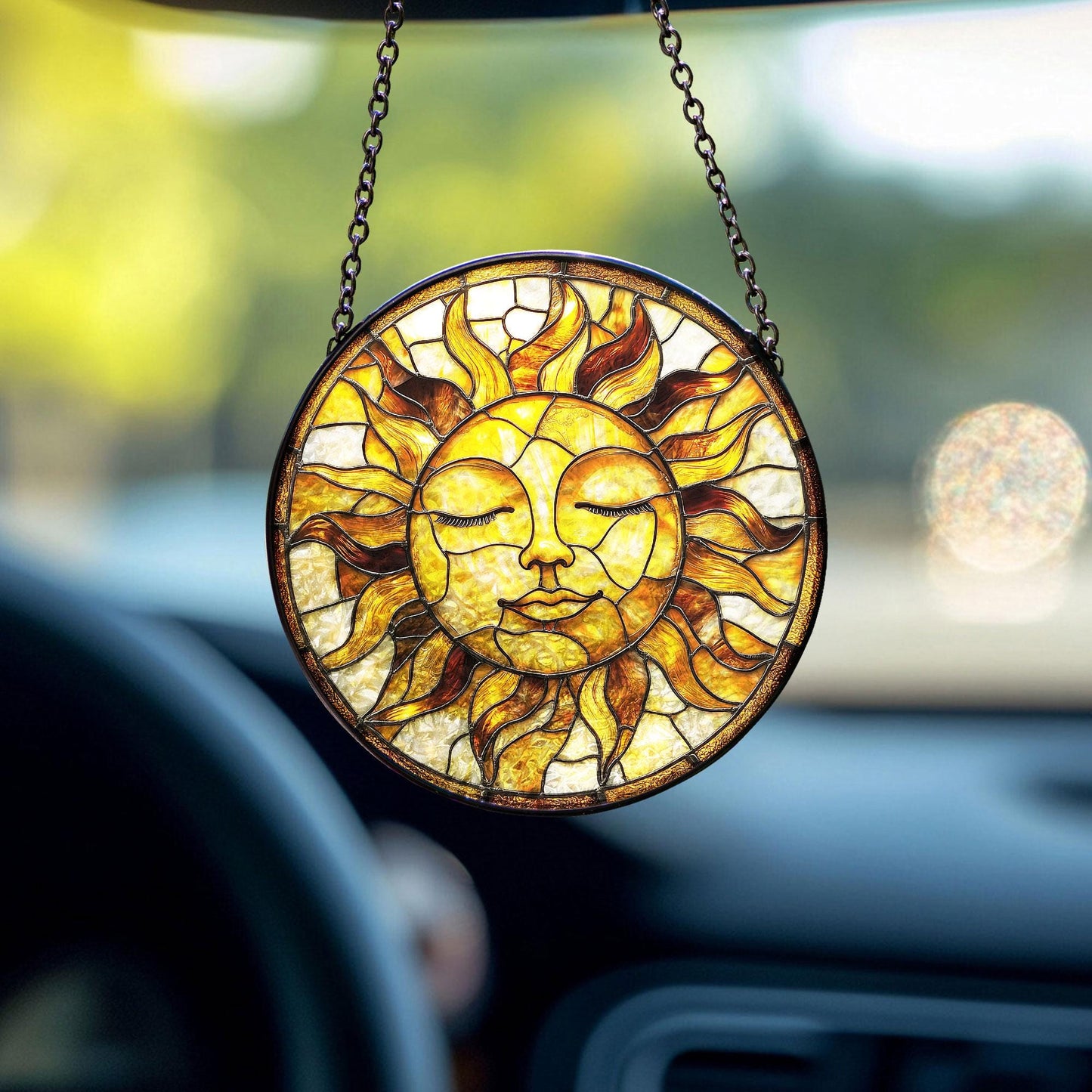 Golden Sun Face Stained Glass Suncatcher,  Boho Window Hanging for Spiritual Home, Sun Decor, Gift for Nature Lovers, Astrology Lovers Gift