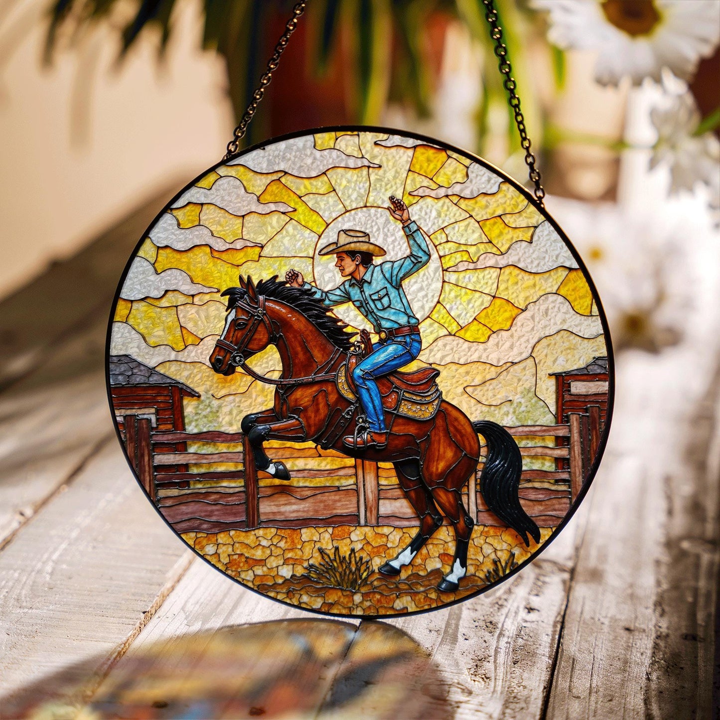 Cowboy on Horseback Stained Glass Western Suncatcher Window Art Gift for Father or Western Decor Lovers