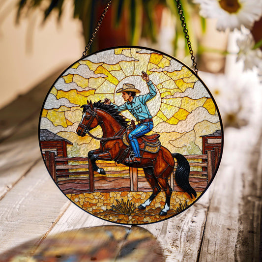 Cowboy on Horseback Stained Glass Western Suncatcher Window Art Gift for Father or Western Decor Lovers