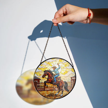 Cowboy on Horseback Stained Glass Western Suncatcher Window Art Gift for Father or Western Decor Lovers