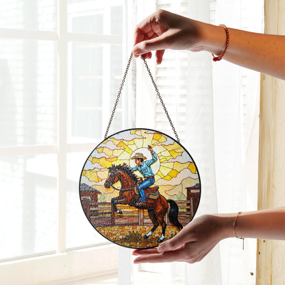 Cowboy on Horseback Stained Glass Western Suncatcher Window Art Gift for Father or Western Decor Lovers