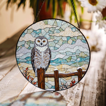 Owl perched on wooden fence stained glass suncatcher rustic window decor gift for bird lovers and nature moms