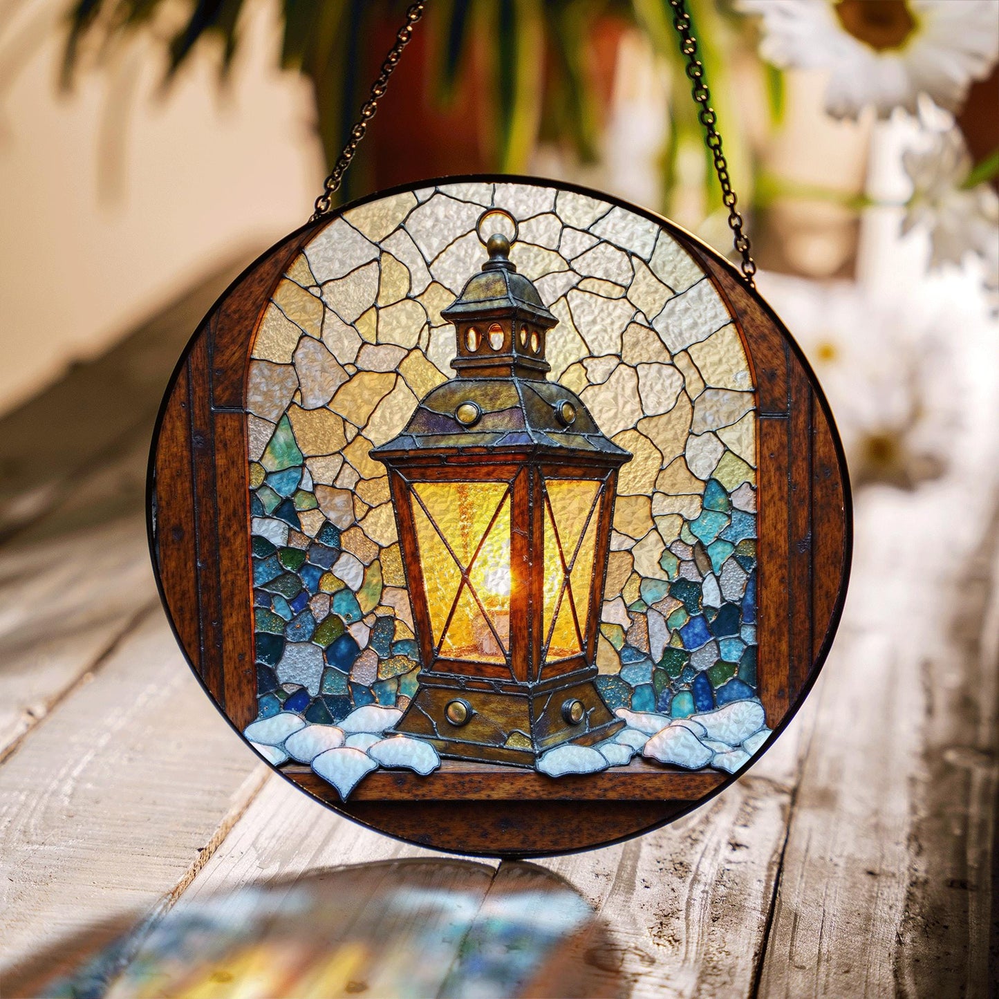 Snowy Lantern Stained Glass Window Suncatcher Winter Decor Christmas Gift for Mom or Holiday Gift for Her
