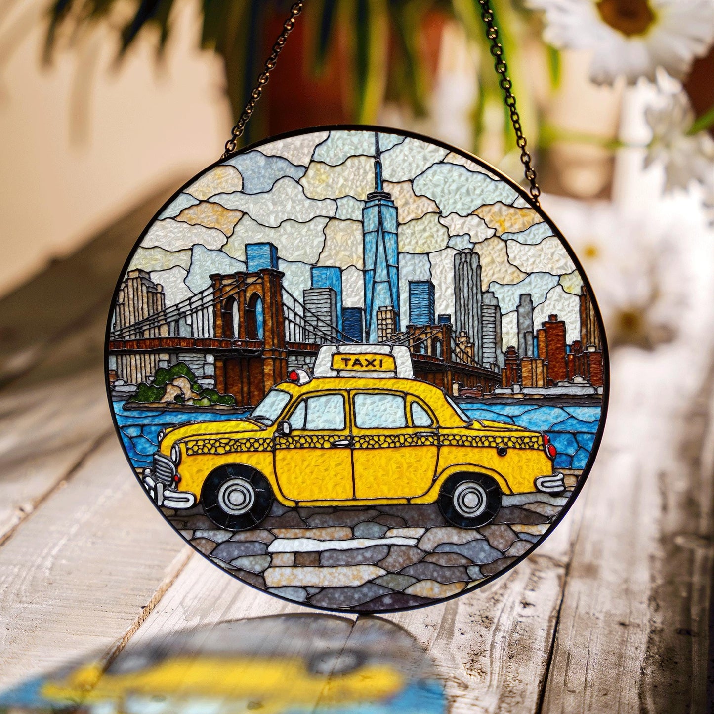 New York City Taxi Skyline Suncatcher Window Hanging Gift for Dad