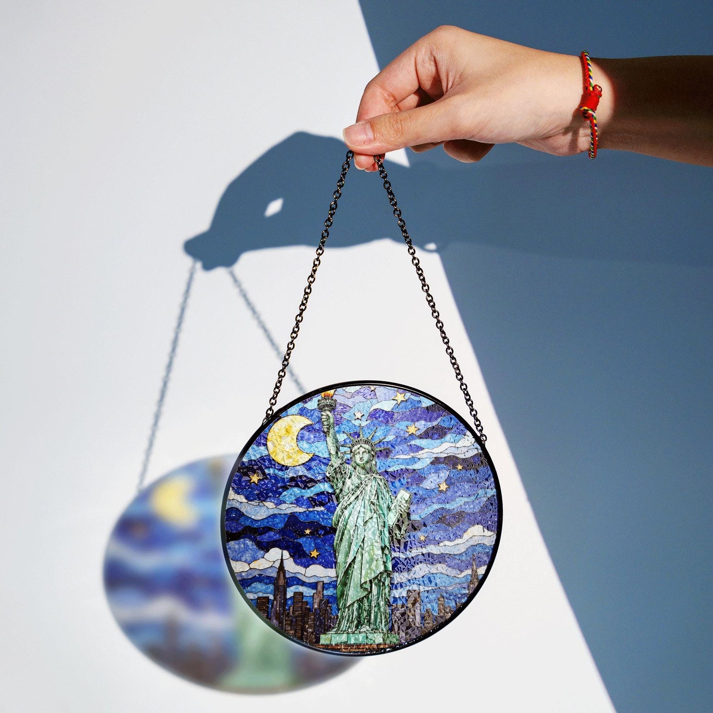 Statue of Liberty under moonlit sky stained glass suncatcher window decor Fourth of July patriotic gift