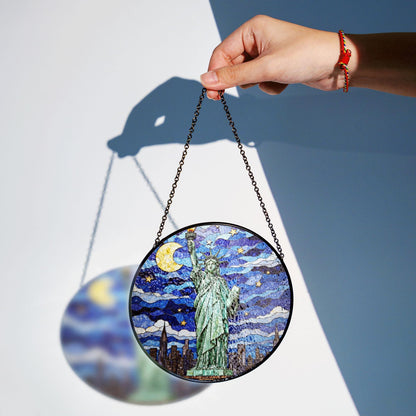 Statue of Liberty under moonlit sky stained glass suncatcher window decor Fourth of July patriotic gift