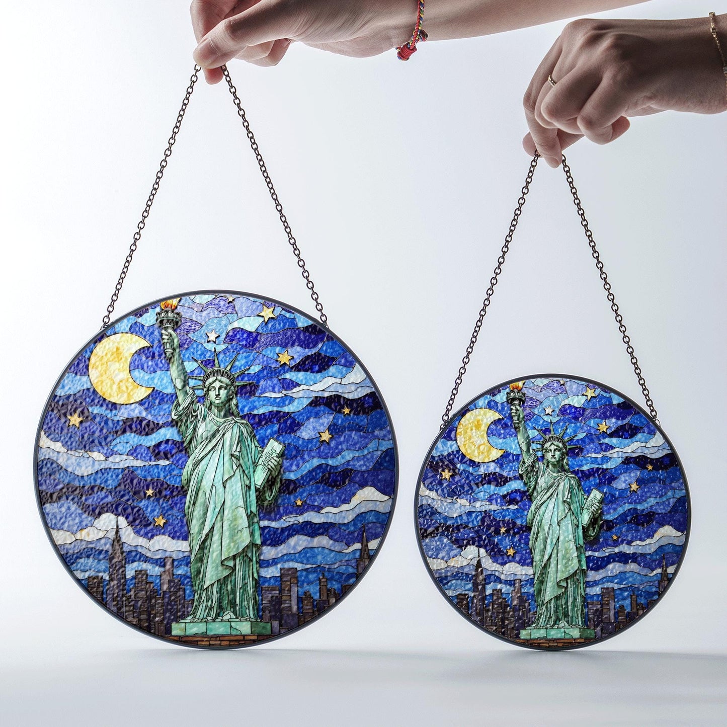 Statue of Liberty under moonlit sky stained glass suncatcher window decor Fourth of July patriotic gift