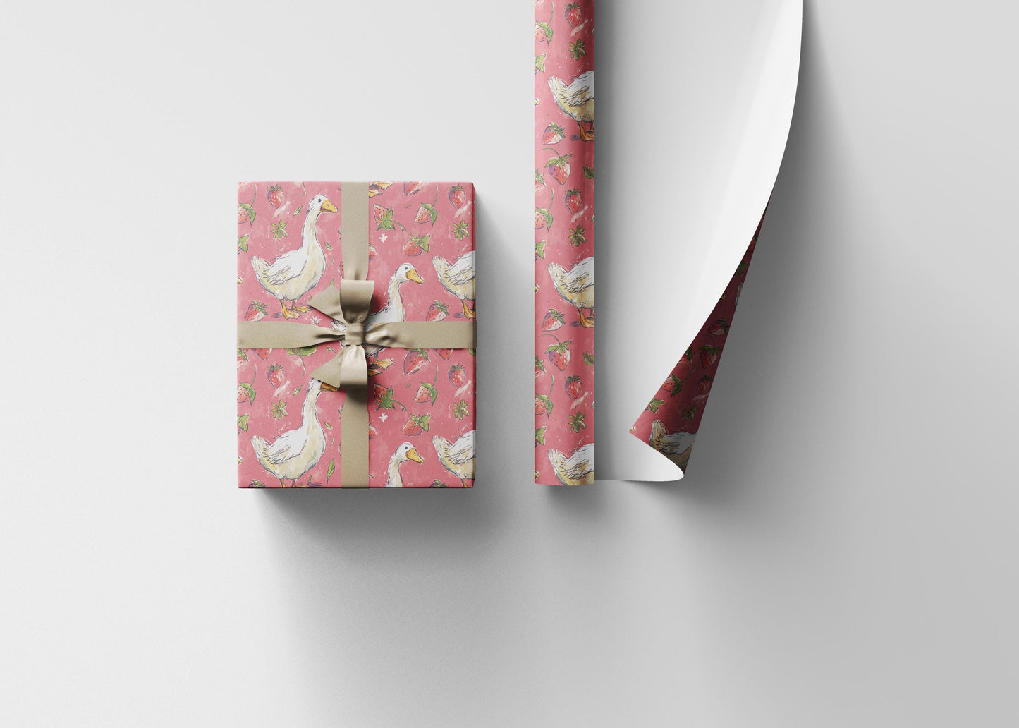 Strawberry Gooses Wrapping Paper for Little Girl Birthday | Adorable Berry Gift Wrap Sheets | Sweet Fruit Party Decor