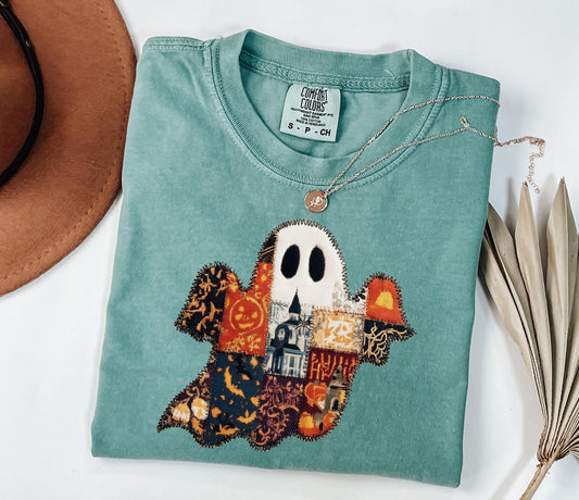 Comfort Colors® Patchwork Ghost Shirt, Halloween Vintage Quilt Ghost Shirt, Cozy Spooky Fall Shirt Shirt, Retro Halloween Ghost Shirt
