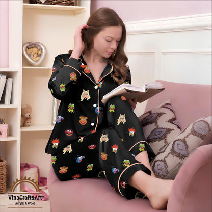 Muppet Pajamas Set, Cartoon Pajama Outfit, Gift for Muppet Fans, Kermit Animal Pajamas, Retro Cartoon Sleepwear, Gift for Muppet Fans