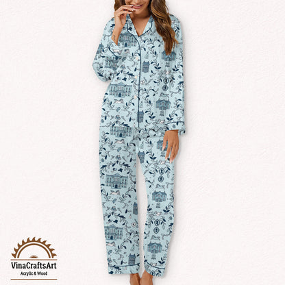 Pride and Prejudice Light Blue Journal Pajamas Set, Jane Austen Toile Print Sleepwear, Toile Print Sleep Set, Literary Loungewear Gift