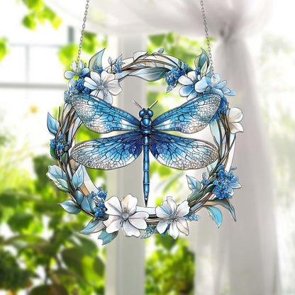 Blue Dragonfly Window Hanging – Nature Inspired Floral Wreath Decoration, Elegant Home Accent and Unique Gift for Garden and Insect Lovers