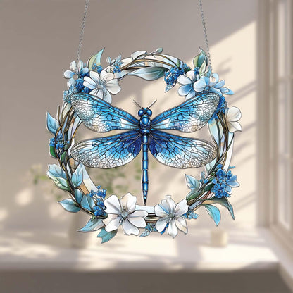Blue Dragonfly Window Hanging – Nature Inspired Floral Wreath Decoration, Elegant Home Accent and Unique Gift for Garden and Insect Lovers