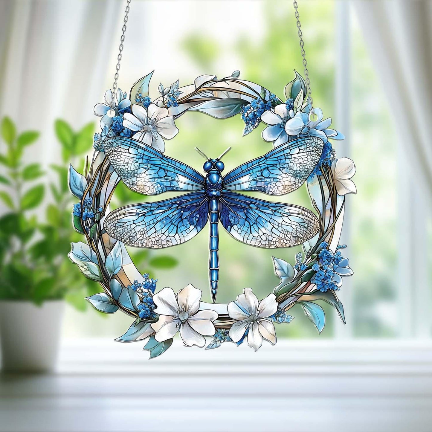 Blue Dragonfly Window Hanging – Nature Inspired Floral Wreath Decoration, Elegant Home Accent and Unique Gift for Garden and Insect Lovers