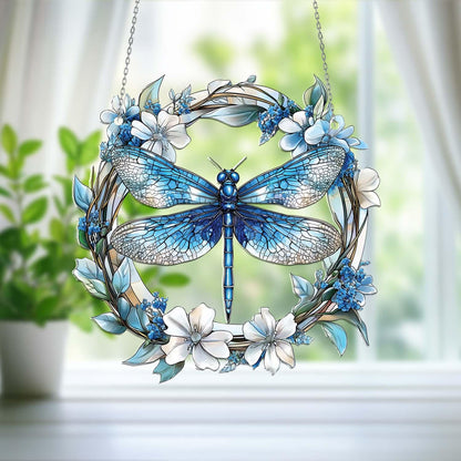 Blue Dragonfly Window Hanging – Nature Inspired Floral Wreath Decoration, Elegant Home Accent and Unique Gift for Garden and Insect Lovers