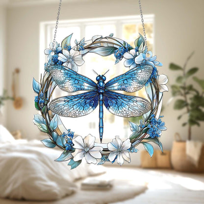 Blue Dragonfly Window Hanging – Nature Inspired Floral Wreath Decoration, Elegant Home Accent and Unique Gift for Garden and Insect Lovers