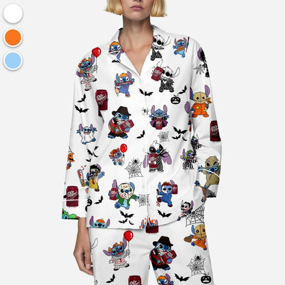 Halloween Dr Pepper Stitch Pajamas Set, Halloween Silk Pajamas, Womenswear, Stitch, Dr Pepper, Halloween outfits, Dr Pepper Halloween Pajama
