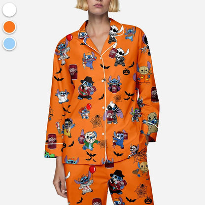 Halloween Dr Pepper Stitch Pajamas Set, Halloween Silk Pajamas, Womenswear, Stitch, Dr Pepper, Halloween outfits, Dr Pepper Halloween Pajama
