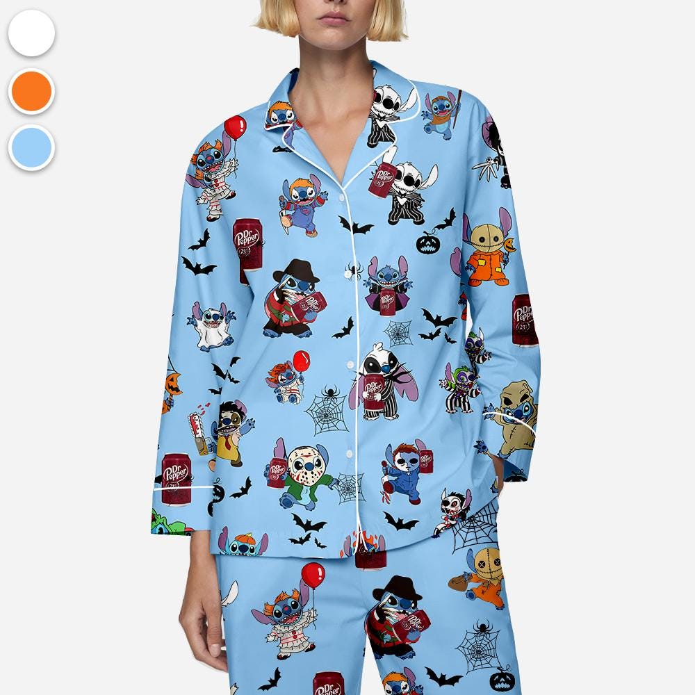 Halloween Dr Pepper Stitch Pajamas Set, Halloween Silk Pajamas, Womenswear, Stitch, Dr Pepper, Halloween outfits, Dr Pepper Halloween Pajama