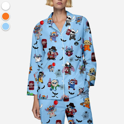 Halloween Dr Pepper Stitch Pajamas Set, Halloween Silk Pajamas, Womenswear, Stitch, Dr Pepper, Halloween outfits, Dr Pepper Halloween Pajama