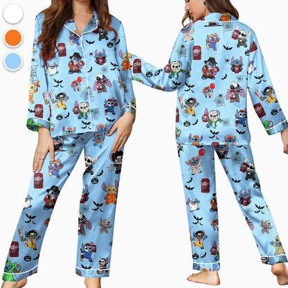 Halloween Dr Pepper Stitch Pajamas Set, Halloween Silk Pajamas, Womenswear, Stitch, Dr Pepper, Halloween outfits, Dr Pepper Halloween Pajama