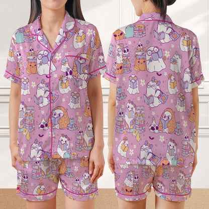 Cute Bookish Ghost Halloween Satin Pajamas, Book Lover, Reading Boo, Ghost Reading Books Halloween Pajamas, Librarian Halloween Sleepwear