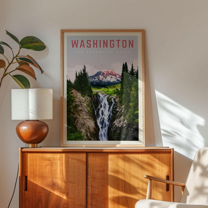 Washington State Wall Art, Washington State Travel Poster, Washington State Print, Washington State Map, Mount Rainier, Washington Gift