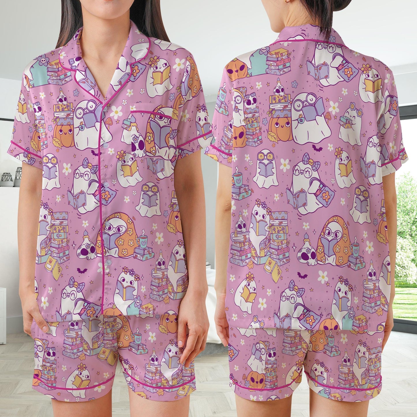 Retro Bookish Halloween Satin Pajamas Set, Cute Boo Reading Short Long Sleeve Pajama Set, Bookworm  Sleepwear, Librarian Halloween Pajamas