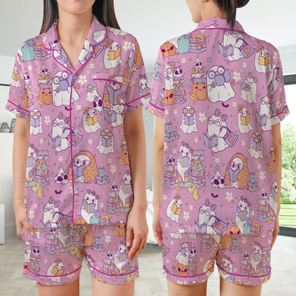Retro Bookish Halloween Satin Pajamas Set, Cute Boo Reading Short Long Sleeve Pajama Set, Bookworm  Sleepwear, Librarian Halloween Pajamas