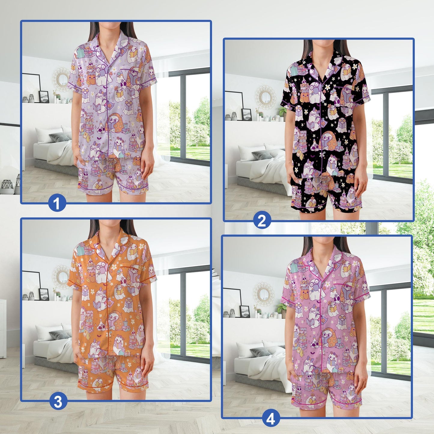 Retro Bookish Halloween Satin Pajamas Set, Cute Boo Reading Short Long Sleeve Pajama Set, Bookworm  Sleepwear, Librarian Halloween Pajamas