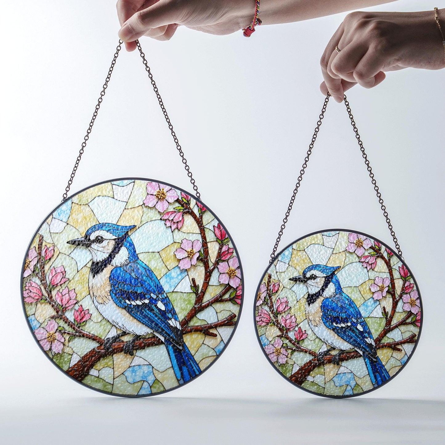 Blue jay on cherry blossom branch round suncatcher stained glass bird decor gift for moms spring window hanging