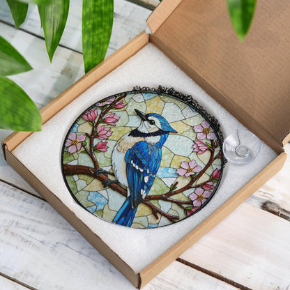 Blue jay on cherry blossom branch round suncatcher stained glass bird decor gift for moms spring window hanging