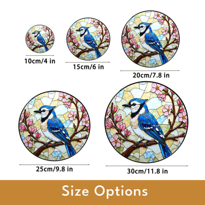 Blue jay on cherry blossom branch round suncatcher stained glass bird decor gift for moms spring window hanging