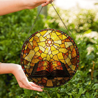 Glowing bible and radiant cross suncatcher round stained glass style christian window gift