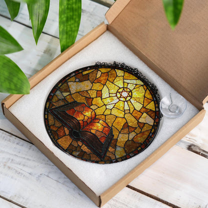 Glowing bible and radiant cross suncatcher round stained glass style christian window gift