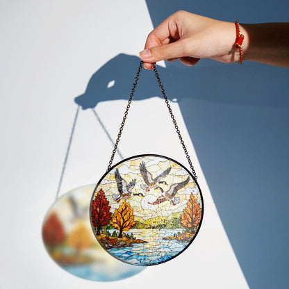 Flying geese autumn lake scene round suncatcher window decor fall glass gift for dad
