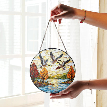 Flying geese autumn lake scene round suncatcher window decor fall glass gift for dad