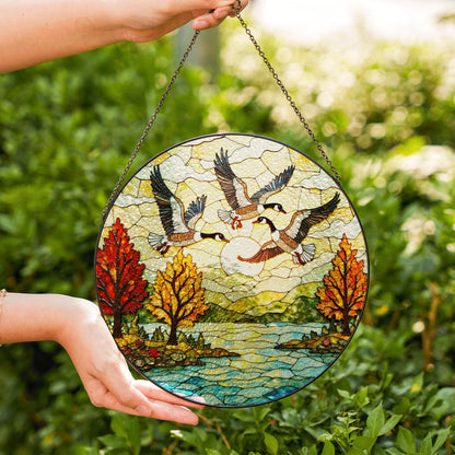 Flying geese autumn lake scene round suncatcher window decor fall glass gift for dad