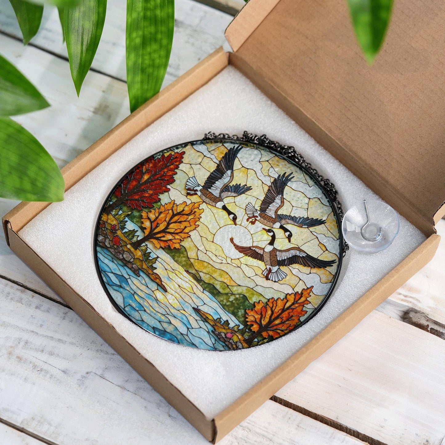 Flying geese autumn lake scene round suncatcher window decor fall glass gift for dad