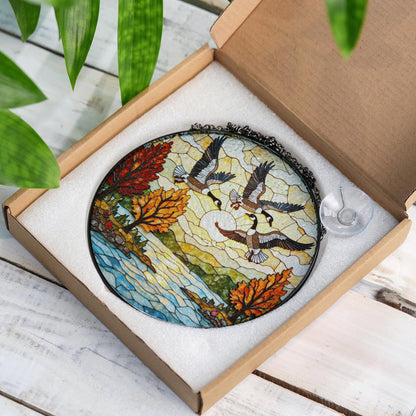 Flying geese autumn lake scene round suncatcher window decor fall glass gift for dad