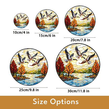 Flying geese autumn lake scene round suncatcher window decor fall glass gift for dad