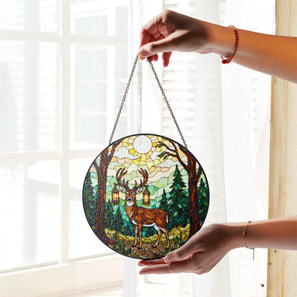 Majestic deer forest stained glass round suncatcher woodland decor Christmas gift for nature lover