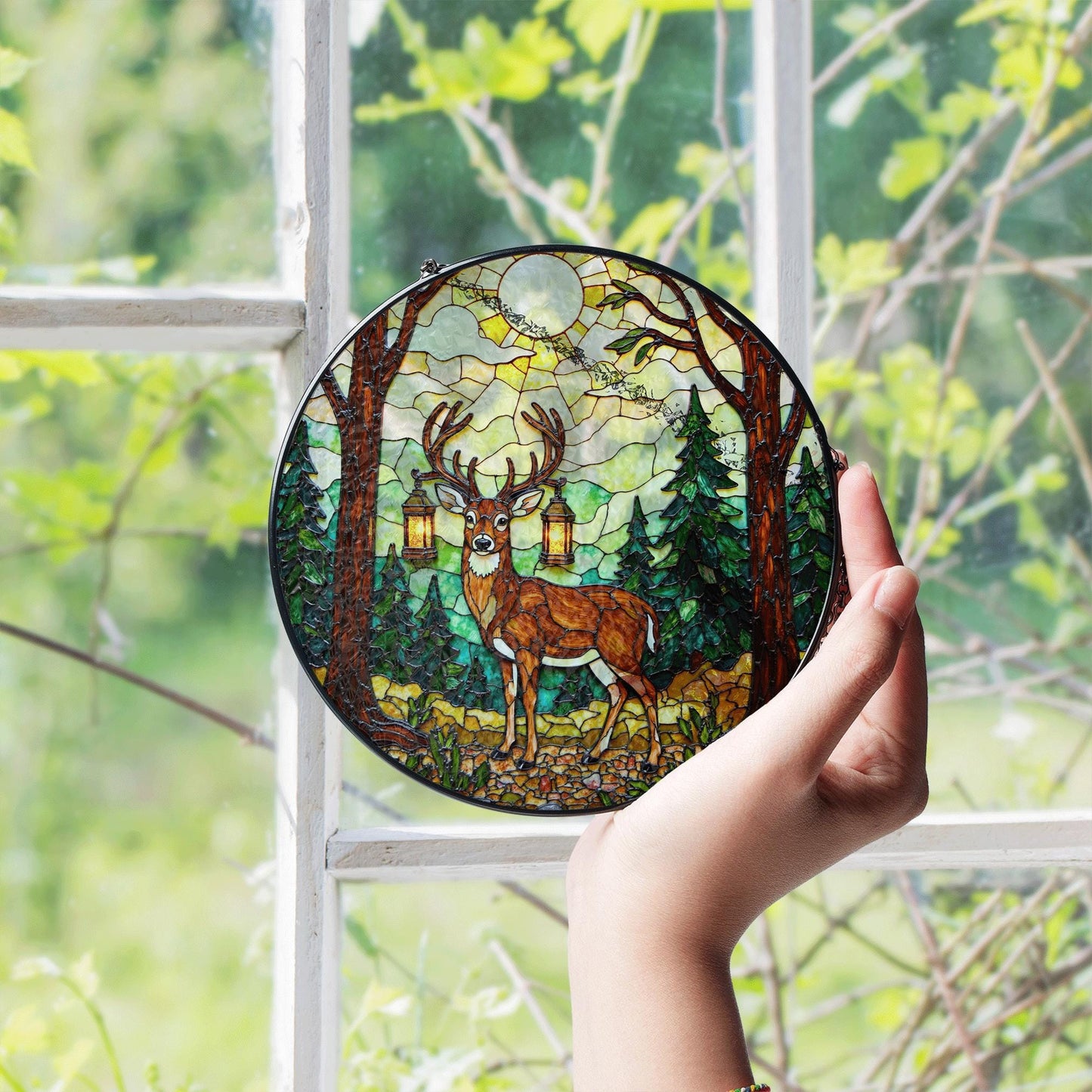 Majestic deer forest stained glass round suncatcher woodland decor Christmas gift for nature lover