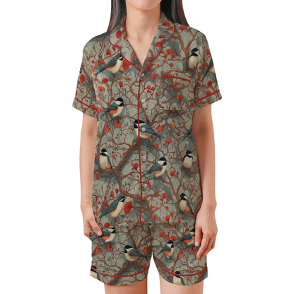 Chickadee Short Sleeves Pajama Set, Bird Lover Woman's Satin Pajama Reader Gift Pajamas Short Sleeve Shorts