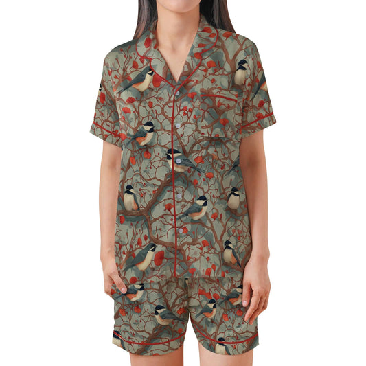 Chickadee Short Sleeves Pajama Set, Bird Lover Woman's Satin Pajama Reader Gift Pajamas Short Sleeve Shorts