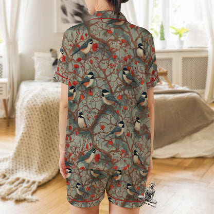 Chickadee Short Sleeves Pajama Set, Bird Lover Woman's Satin Pajama Reader Gift Pajamas Short Sleeve Shorts