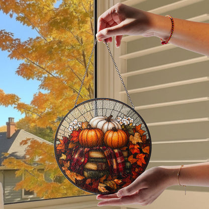 Pumpkin Books Stained Glass Decor, Cozy Fall Suncatcher with Leaves & Plaid, Thanksgiving Rustic Decor for Autumn Home or Reading Nook